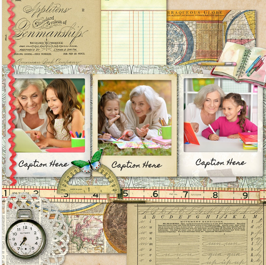 27 Uniquely Designed Scrapbook Pages for photo insertion and handwritten captions